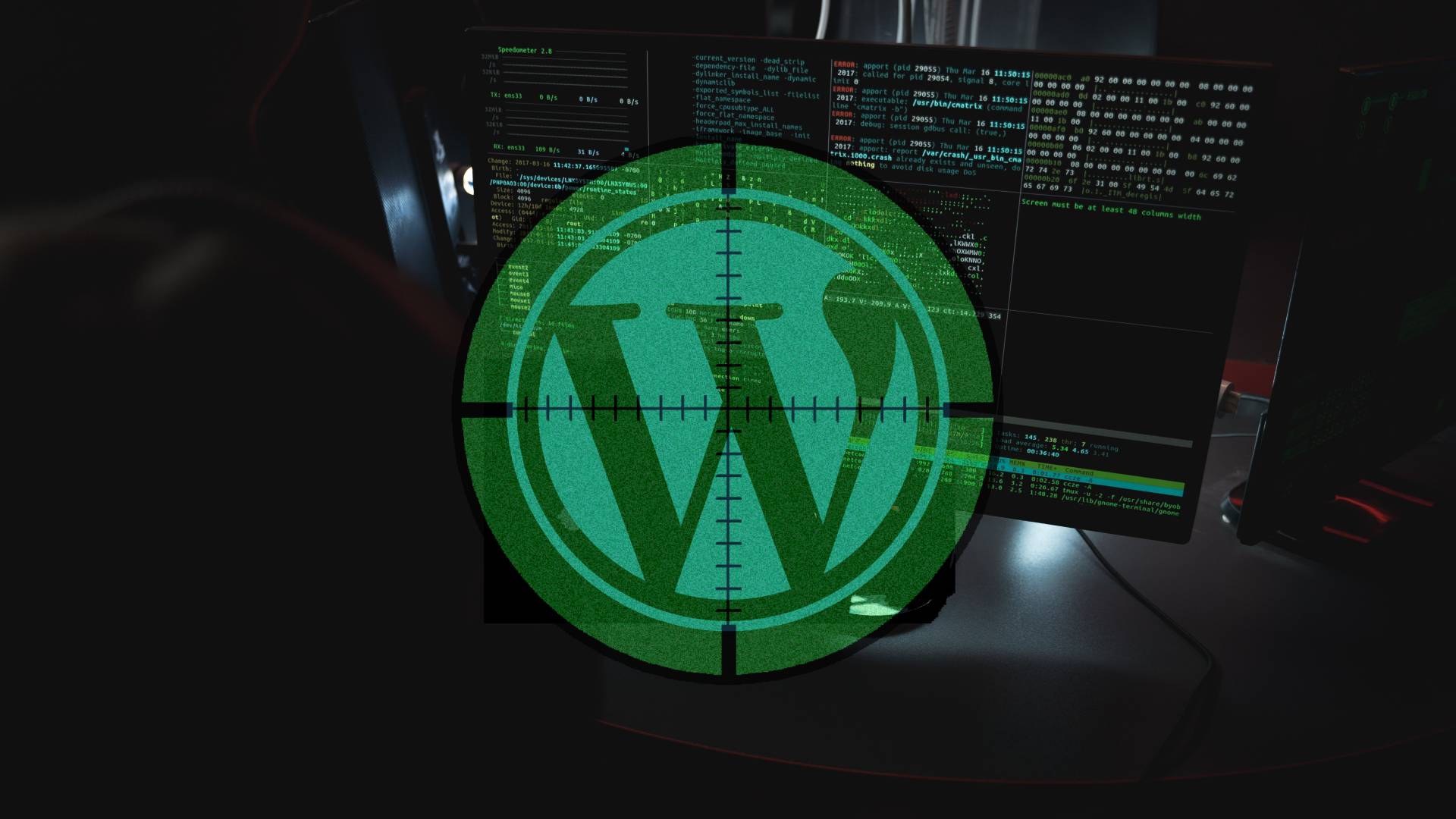 The WordPress logo in the centre of a crosshair, over a screen full of terminal output
