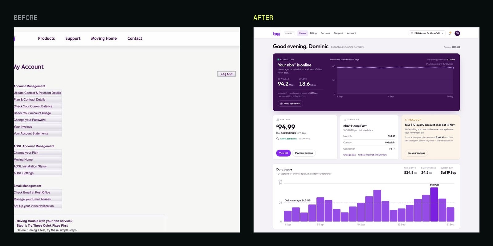 TPG's current customer portal beside the redesigned version
