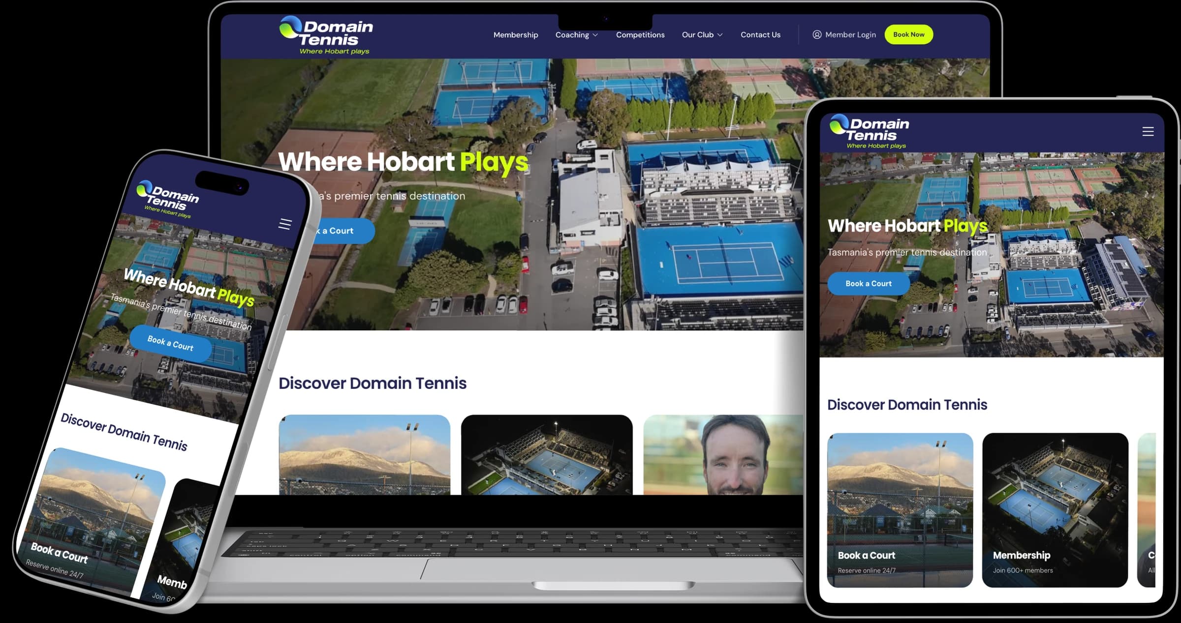 The Domain Tennis Centre website on a laptop, a tablet and a phone