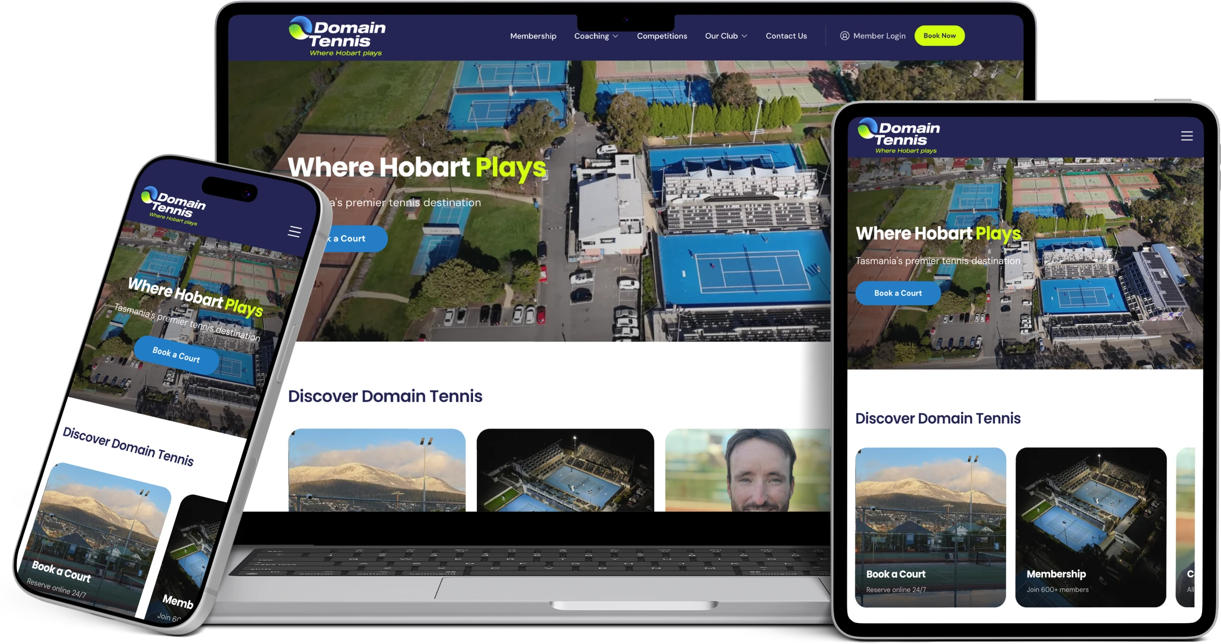 The Domain Tennis Centre website shown on a laptop, a tablet and a phone