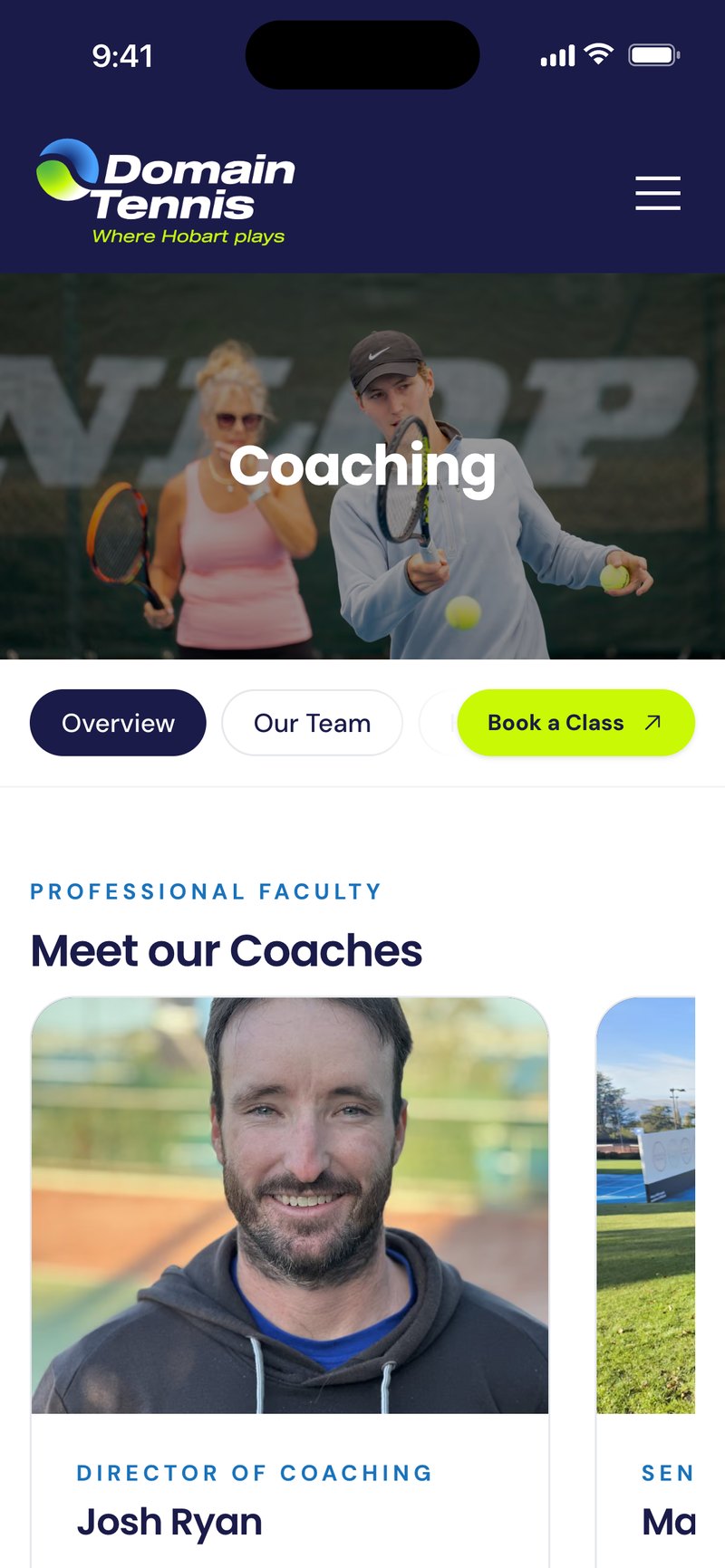 Domain Tennis coaching page on a phone, introducing the coaches