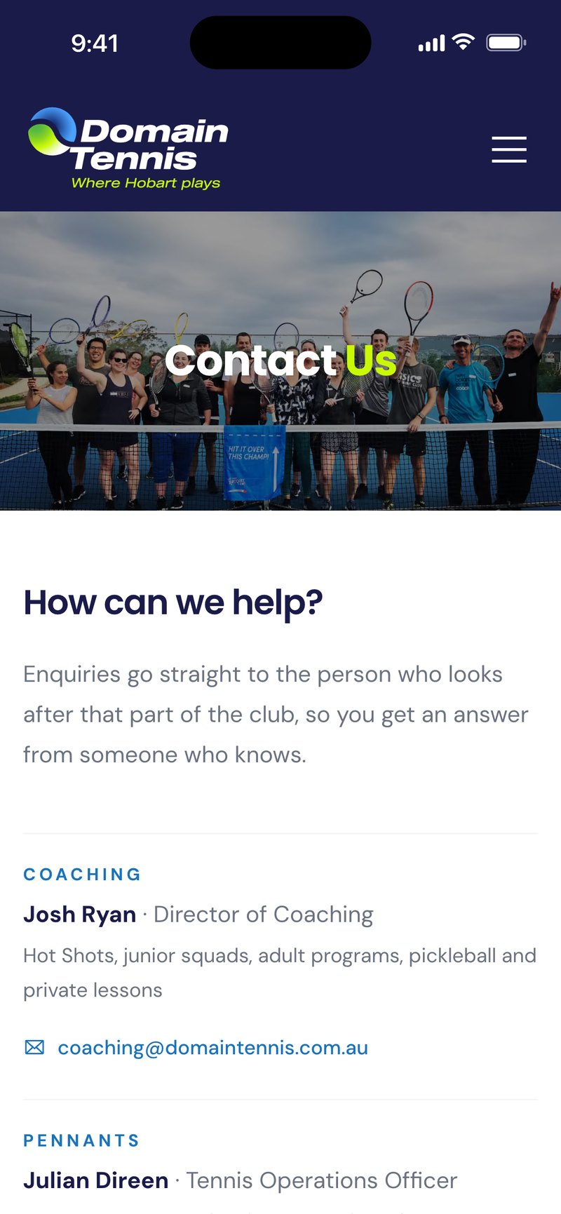 Domain Tennis contact page on a phone, listing who handles each kind of enquiry