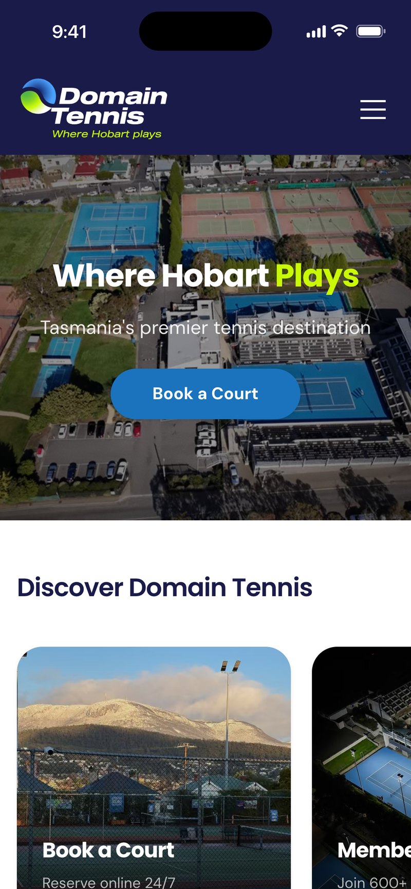 Domain Tennis homepage on a phone, with aerial footage of the courts and a Book a Court button