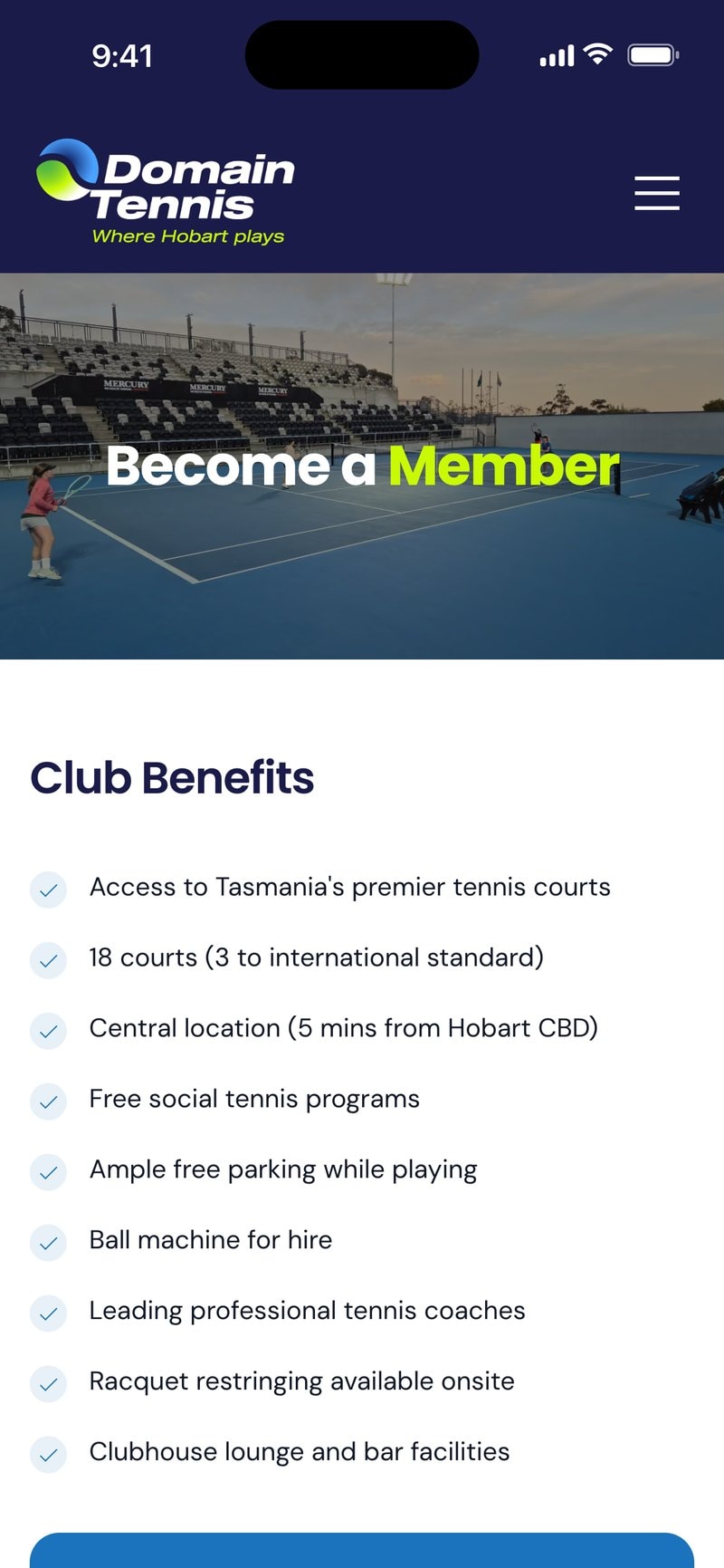 Domain Tennis membership page on a phone, listing club benefits