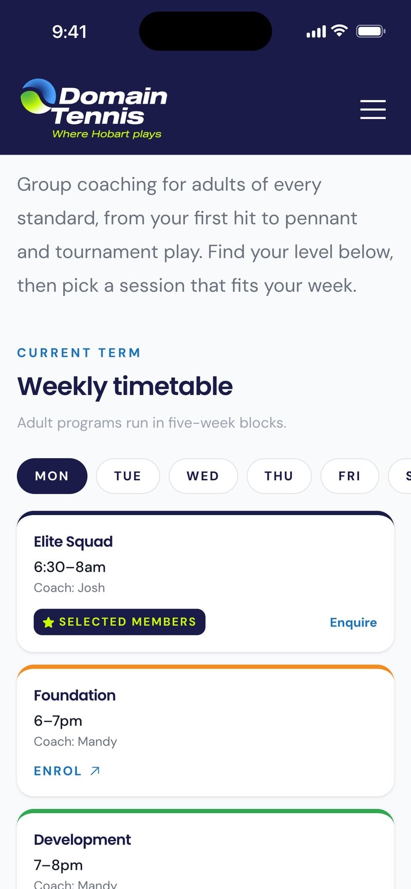 Domain Tennis weekly coaching timetable on a phone, showing Monday’s classes