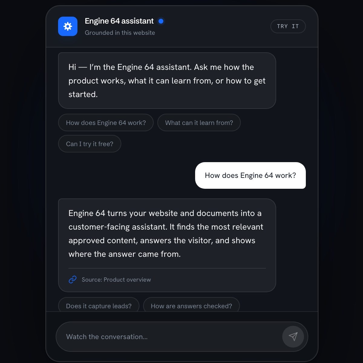 The Engine 64 assistant answering a visitor question and showing the source it came from