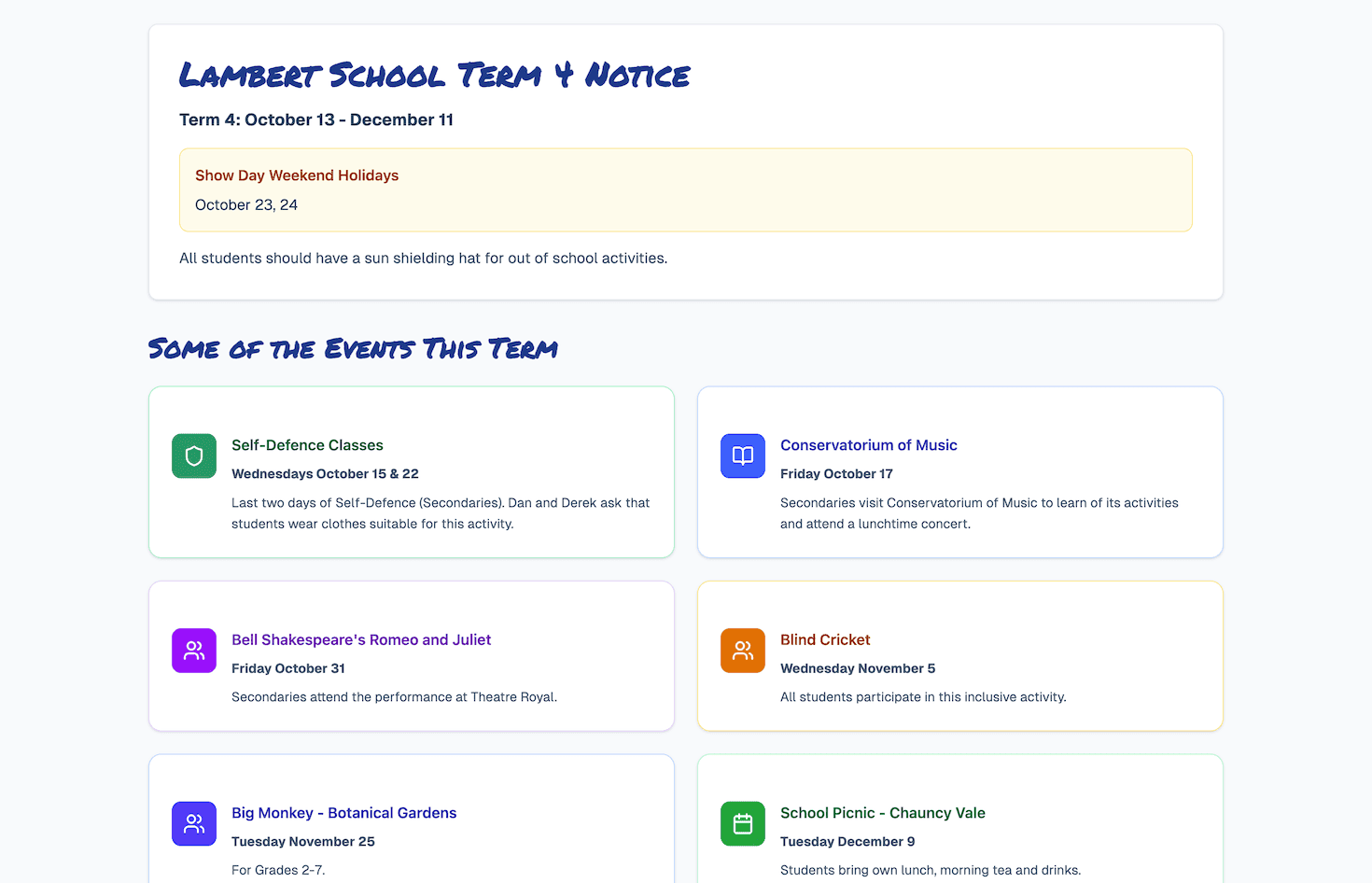 Lambert School website news and newsletter content