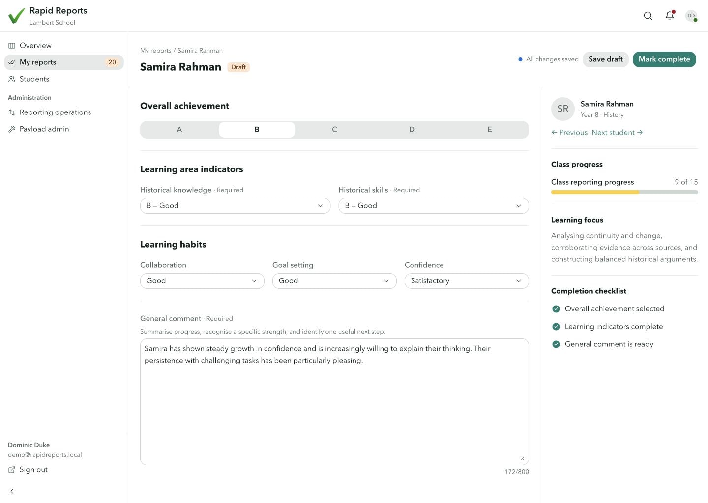 Rapid Reports editor for a student report with achievement, learning indicators, comments and completion checks