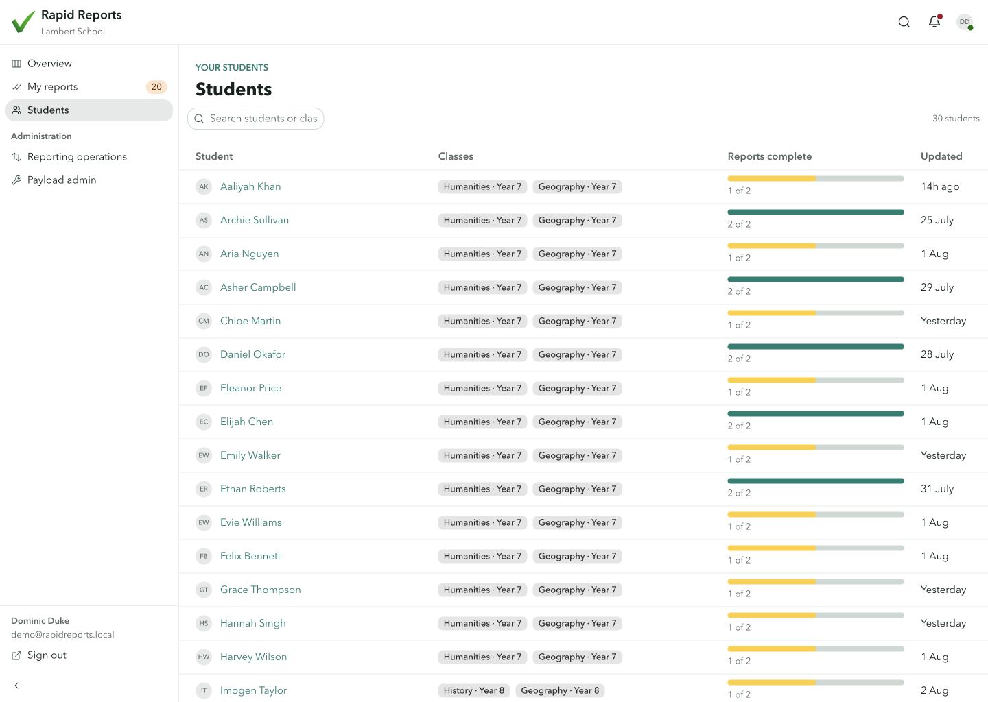 Rapid Reports student list showing classes, report completion and recent updates
