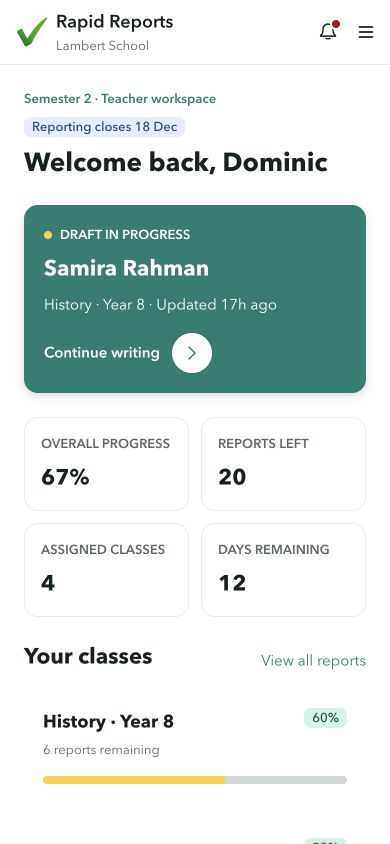 Rapid Reports teacher overview on a mobile phone layout