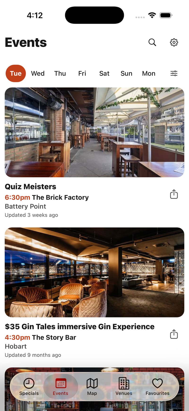 Towntime Events screen showing a quiz night and a gin tasting with venue and start time