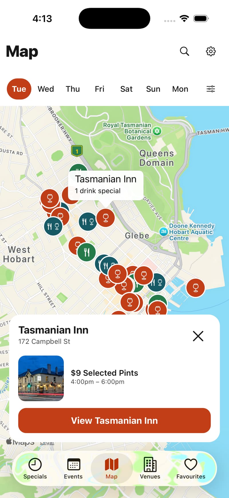 Towntime map of Hobart with venue pins and a selected special at the Tasmanian Inn