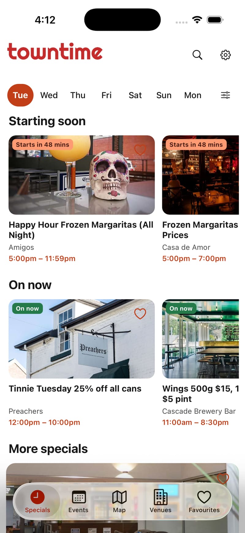 Towntime Specials screen listing Hobart venue specials starting soon and on now