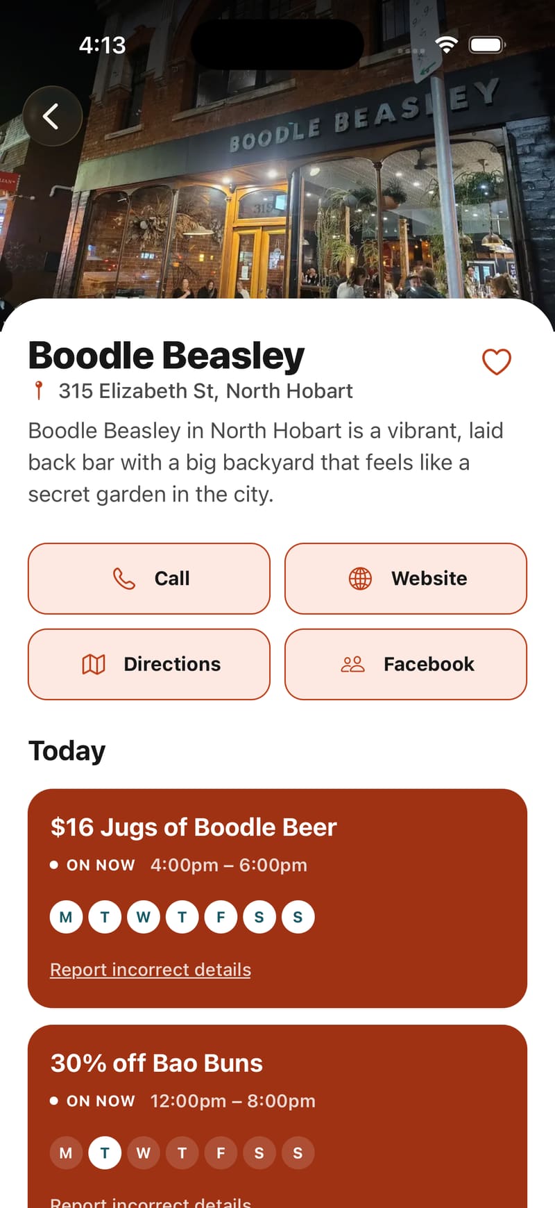 Towntime venue profile for Boodle Beasley with call, website, directions and Facebook buttons and today’s specials