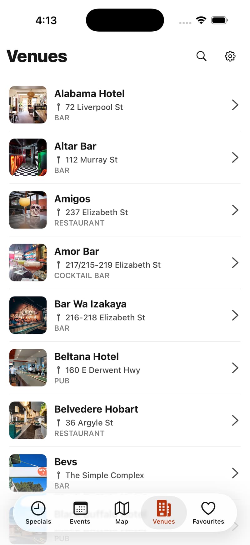 Towntime Venues list showing Hobart bars and restaurants with addresses