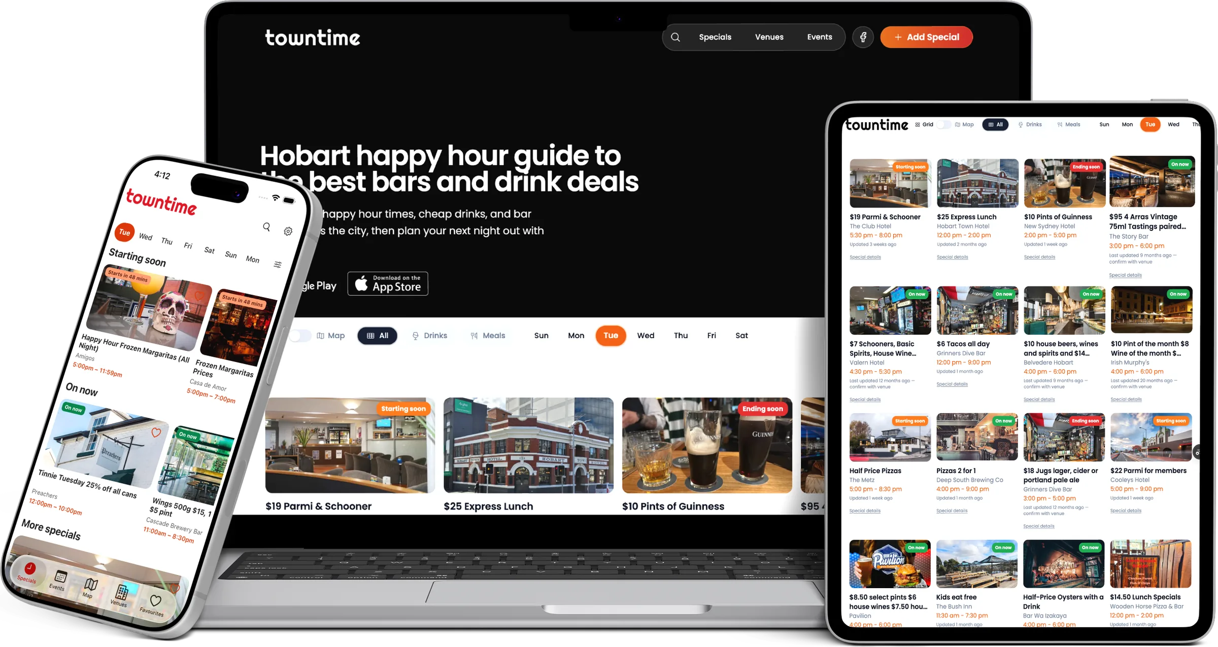 Towntime on a laptop, tablet and phone: the Hobart happy hour guide on the web and the Specials screen in the app