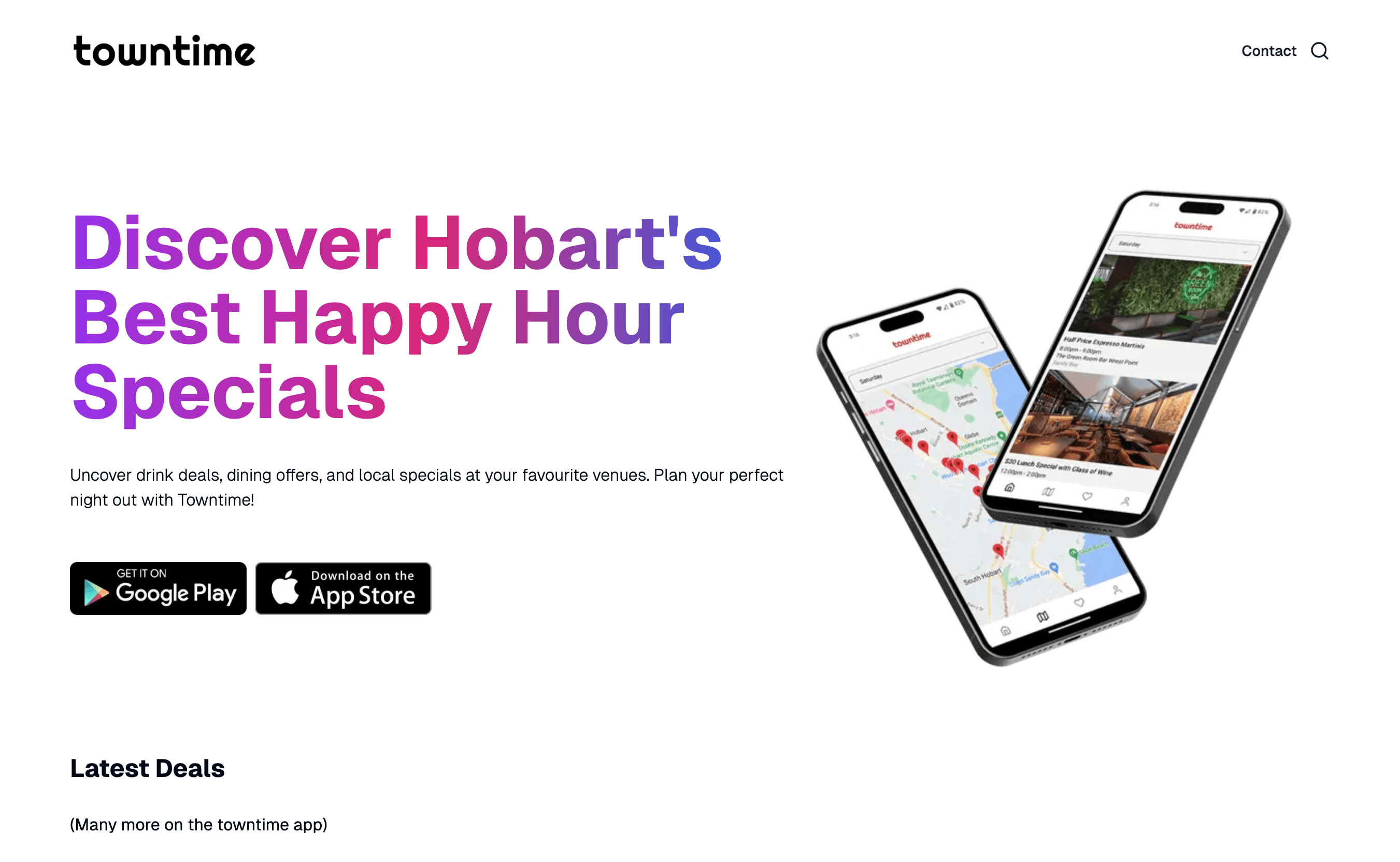 Towntime website showing venue specials across Hobart