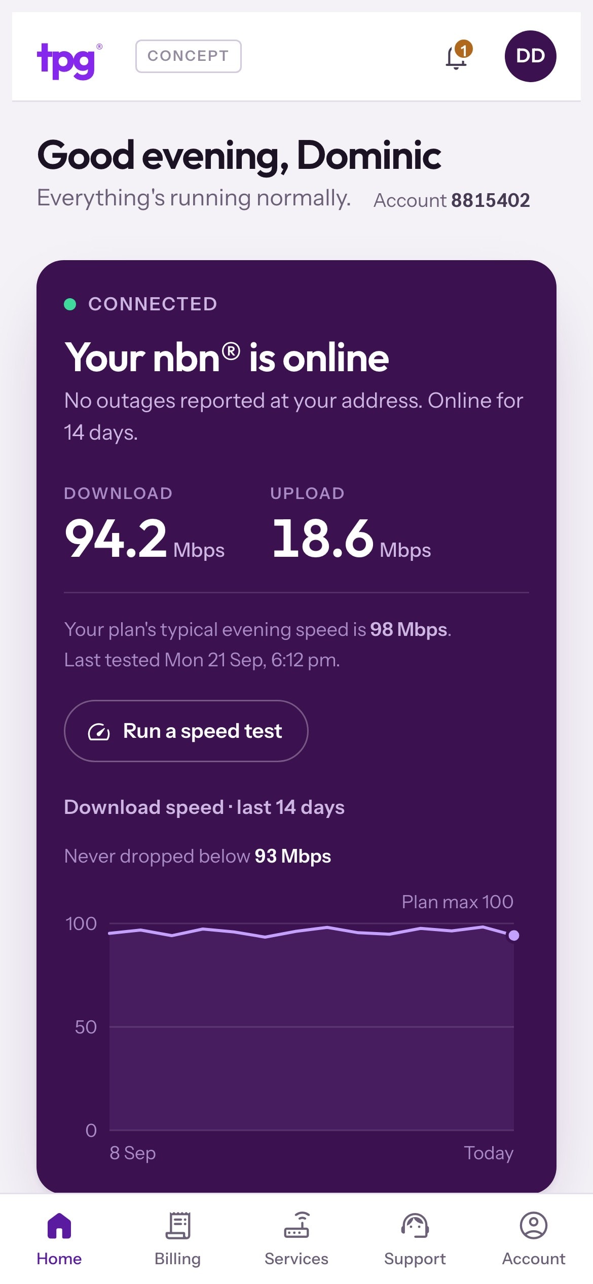 TPG portal concept home screen on a phone: connected status, download and upload speeds and a 14-day speed chart