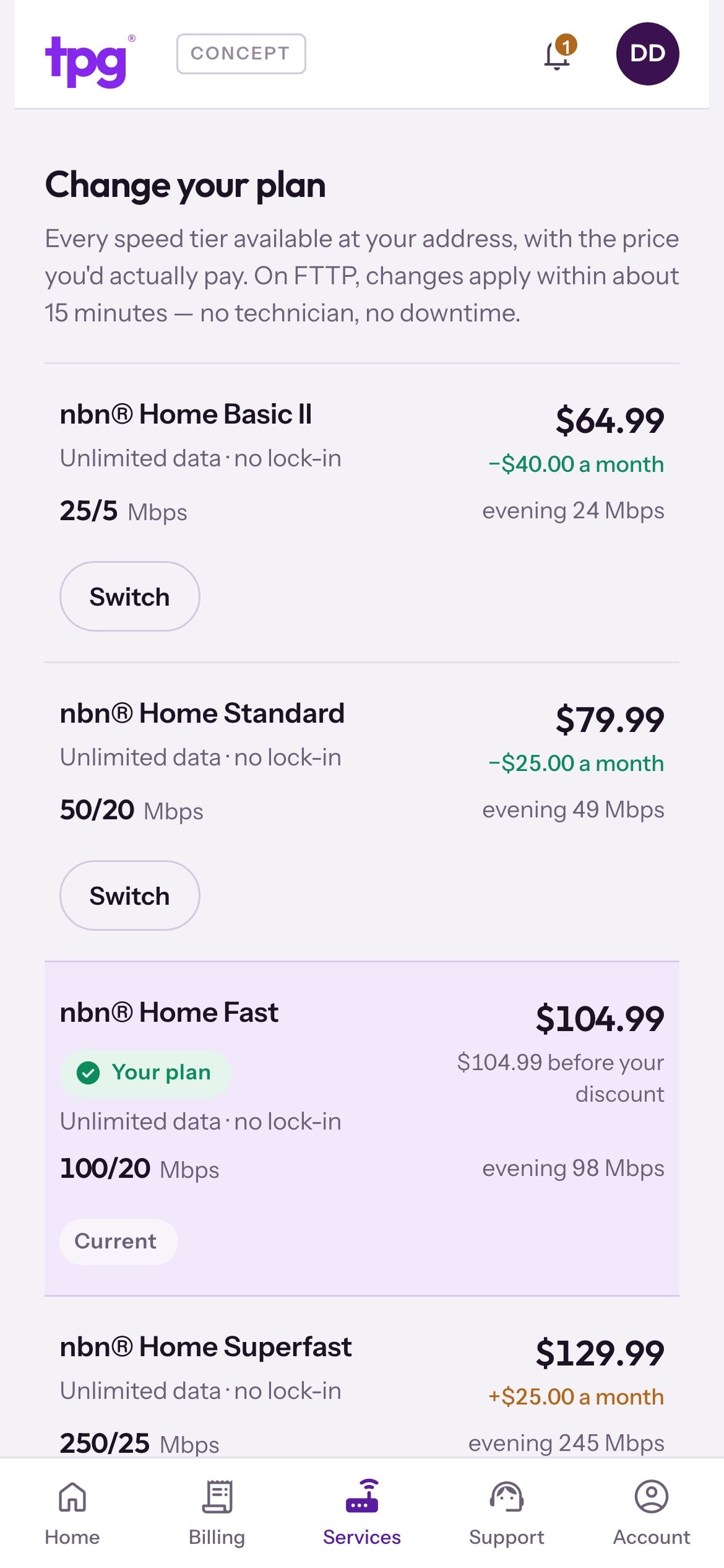 TPG portal concept Change your plan list on a phone, each nbn tier with its price and the monthly difference