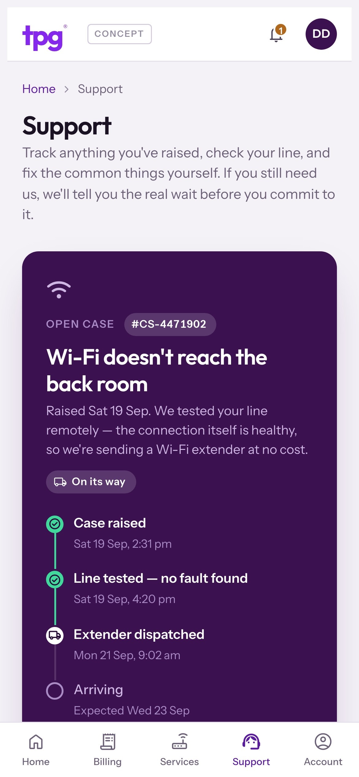 TPG portal concept Support page on a phone tracking an open Wi-Fi case from raised to extender arriving