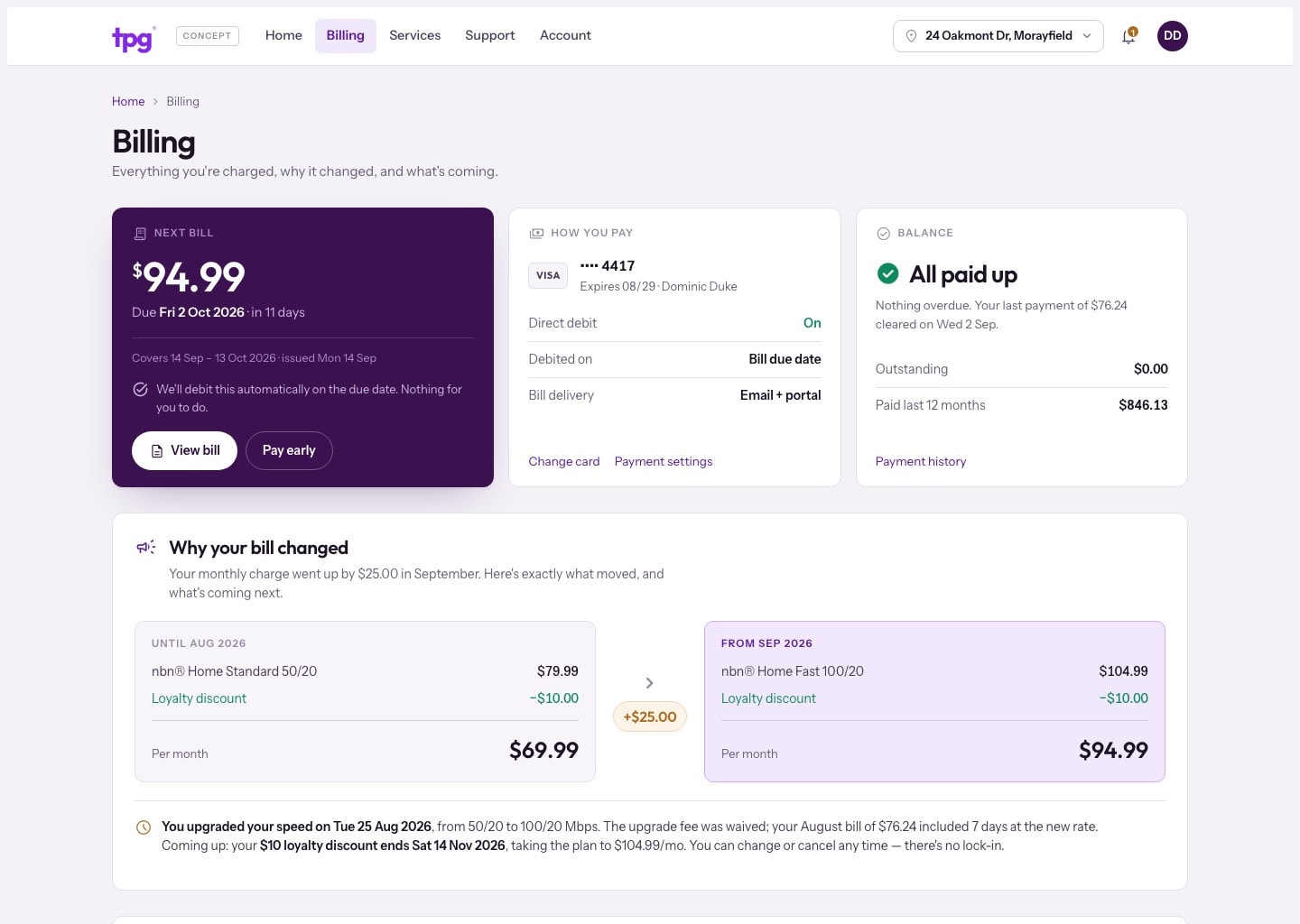 TPG portal concept Billing page showing the next bill, how it is paid, the account balance and a breakdown of why the bill changed