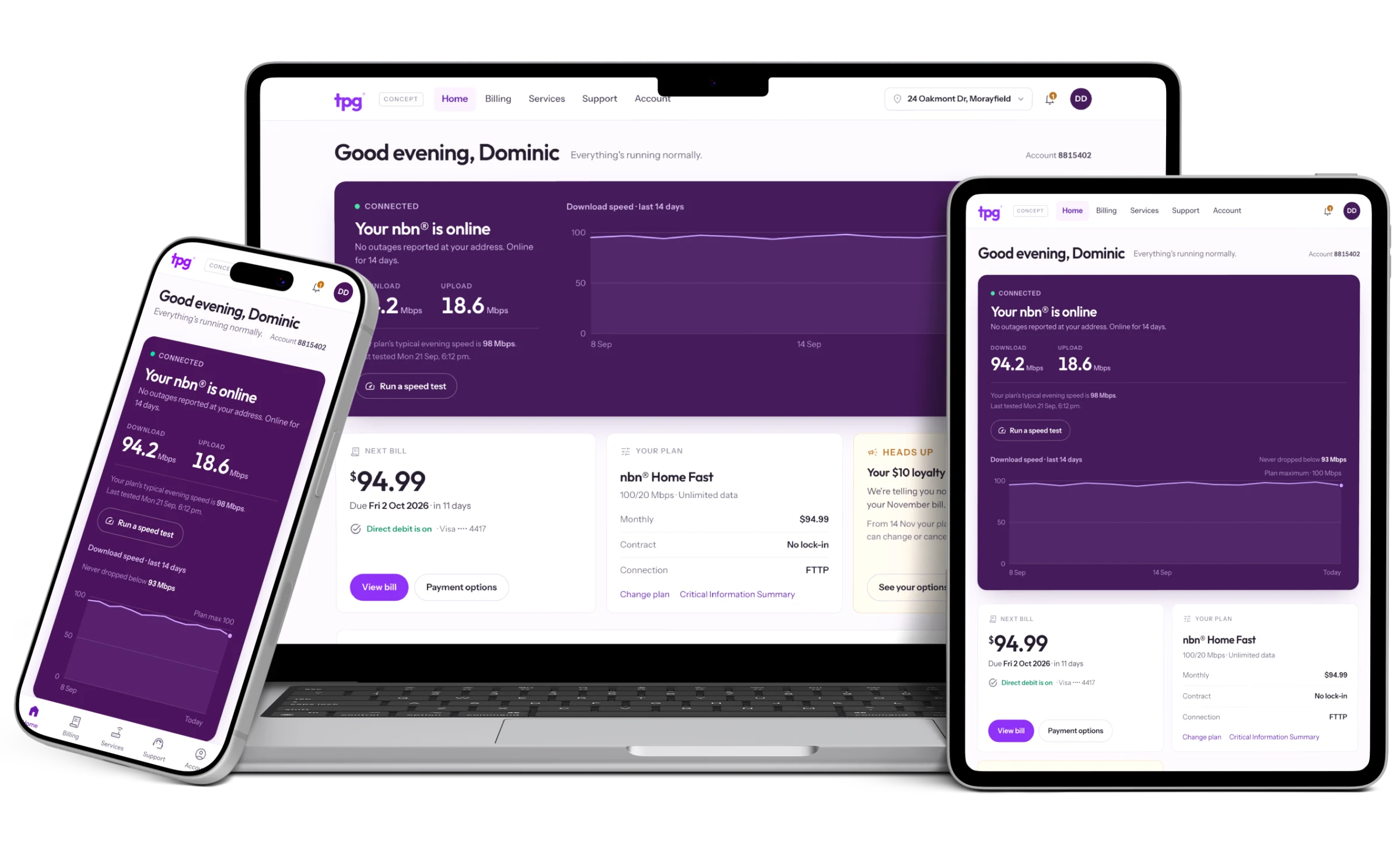 The TPG customer portal concept home screen on a laptop, a tablet and a phone