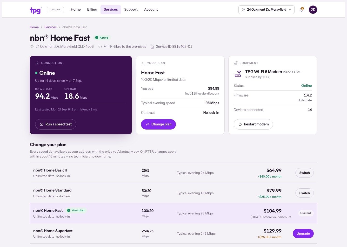 TPG portal concept service page for an nbn plan showing connection status, the current plan, the modem and a list of plans to switch to with the price difference