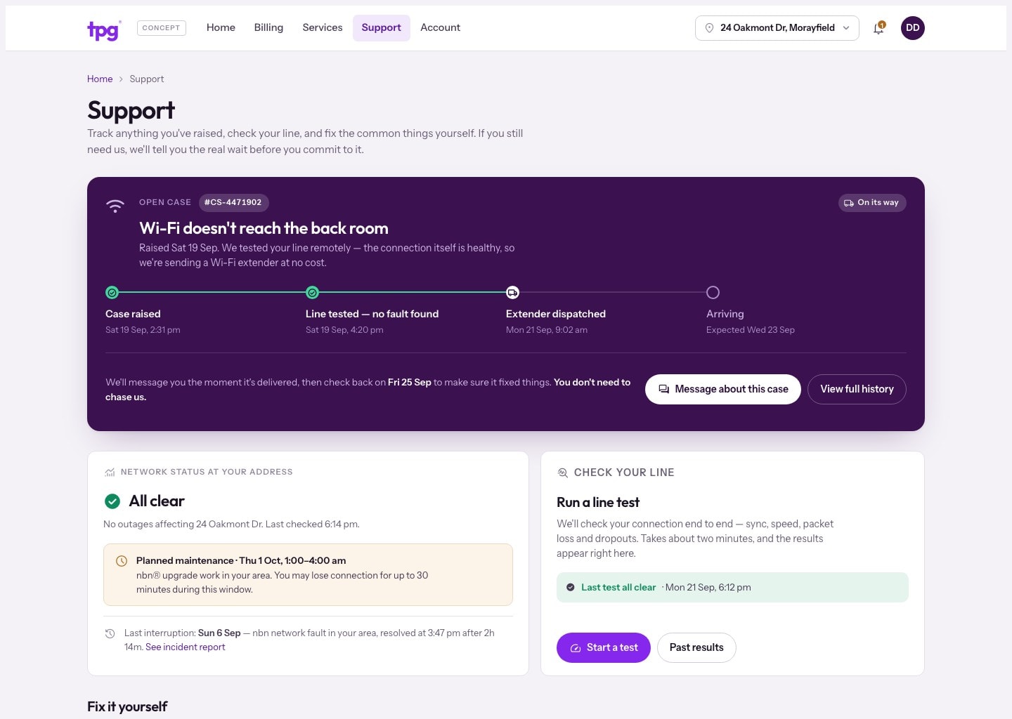 TPG portal concept Support page tracking an open case through line test and extender dispatch, with network status and a line test button