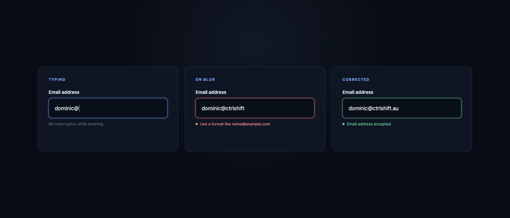 Three email field states showing neutral typing, useful validation on blur and quiet success confirmation