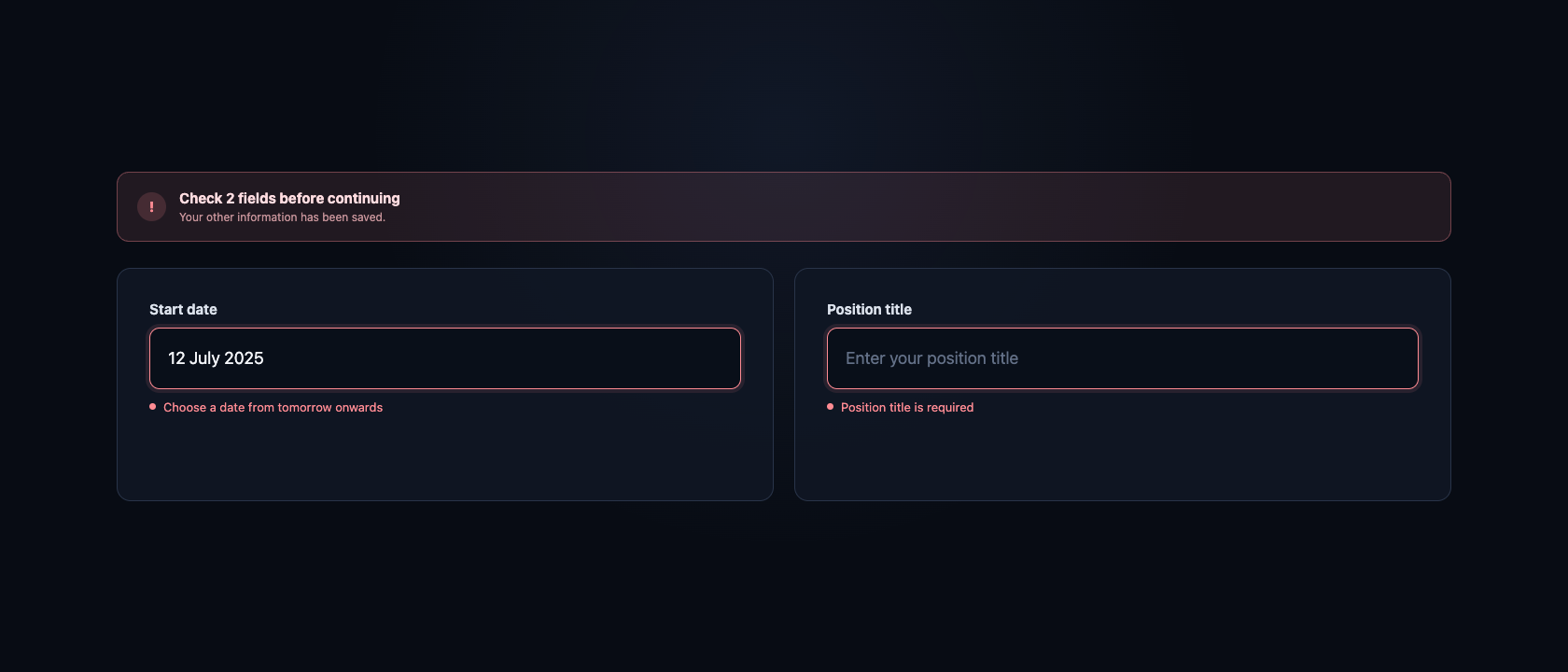 A form preserving completed information while showing a helpful error summary and inline date guidance