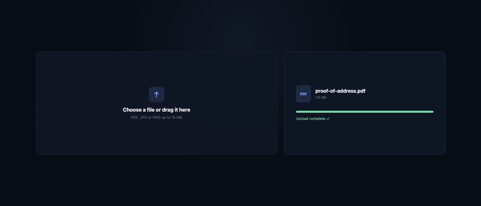 A calm multi-step form showing saved progress and a completed file upload