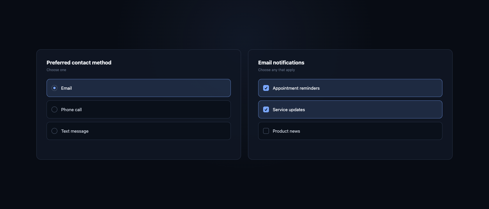 A form using radio buttons for one choice and checkboxes for several choices
