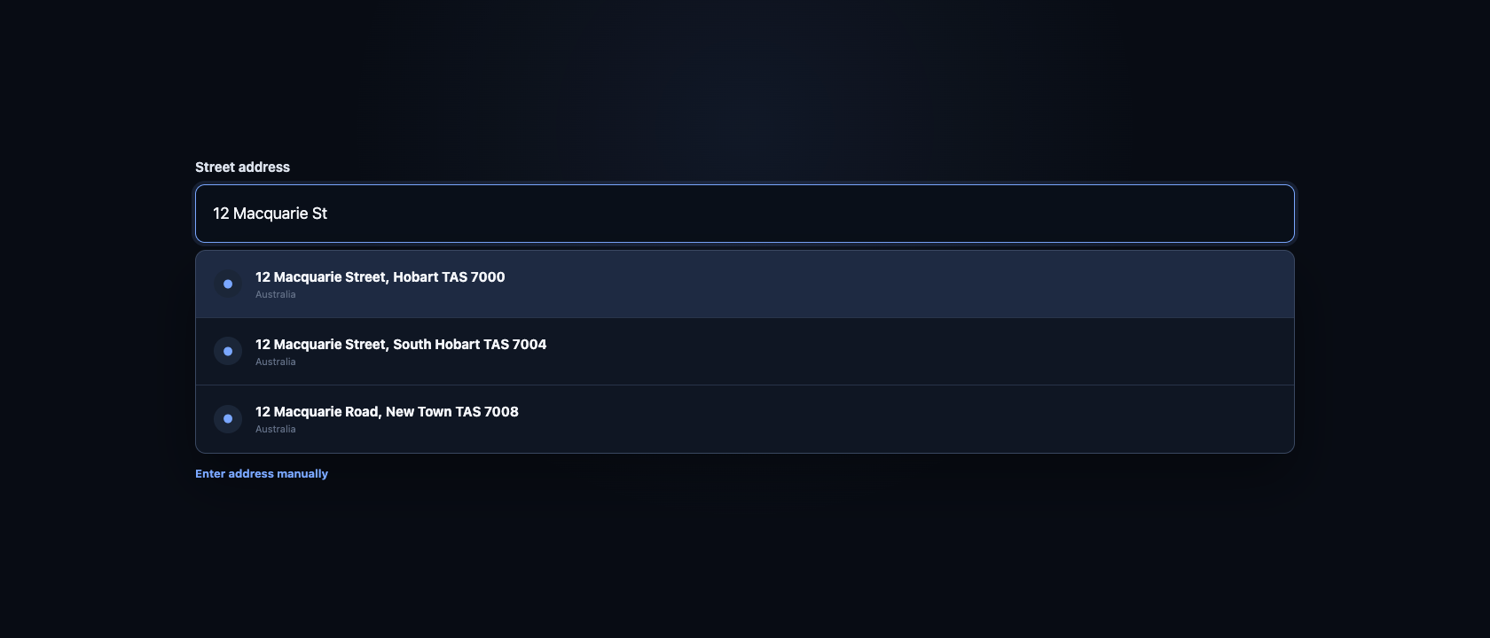 An address field with autocomplete suggestions and a clear manual entry option
