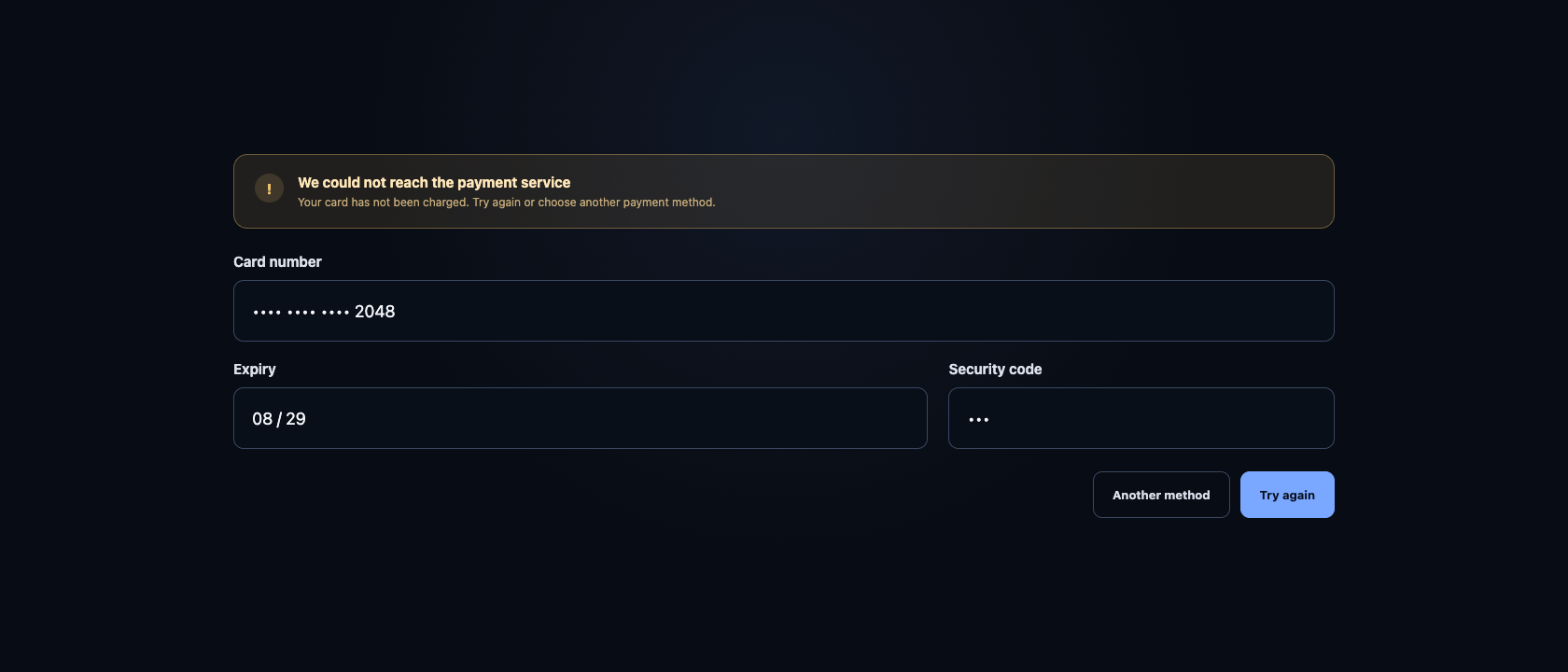 A payment form explaining a temporary failure while preserving the booking and contact details
