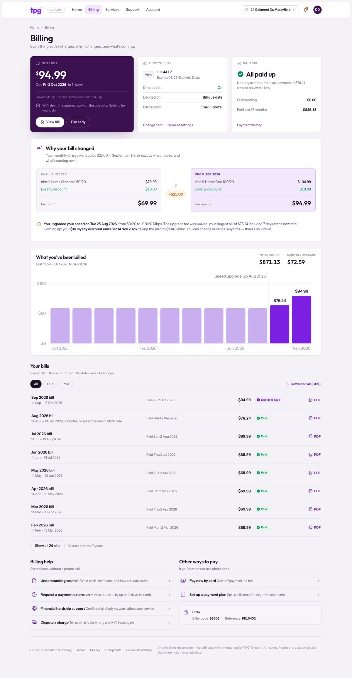 The redesigned billing page in full