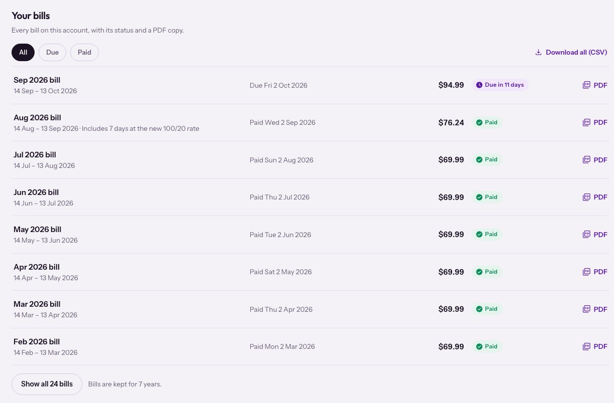 Bill list with paid and due statuses