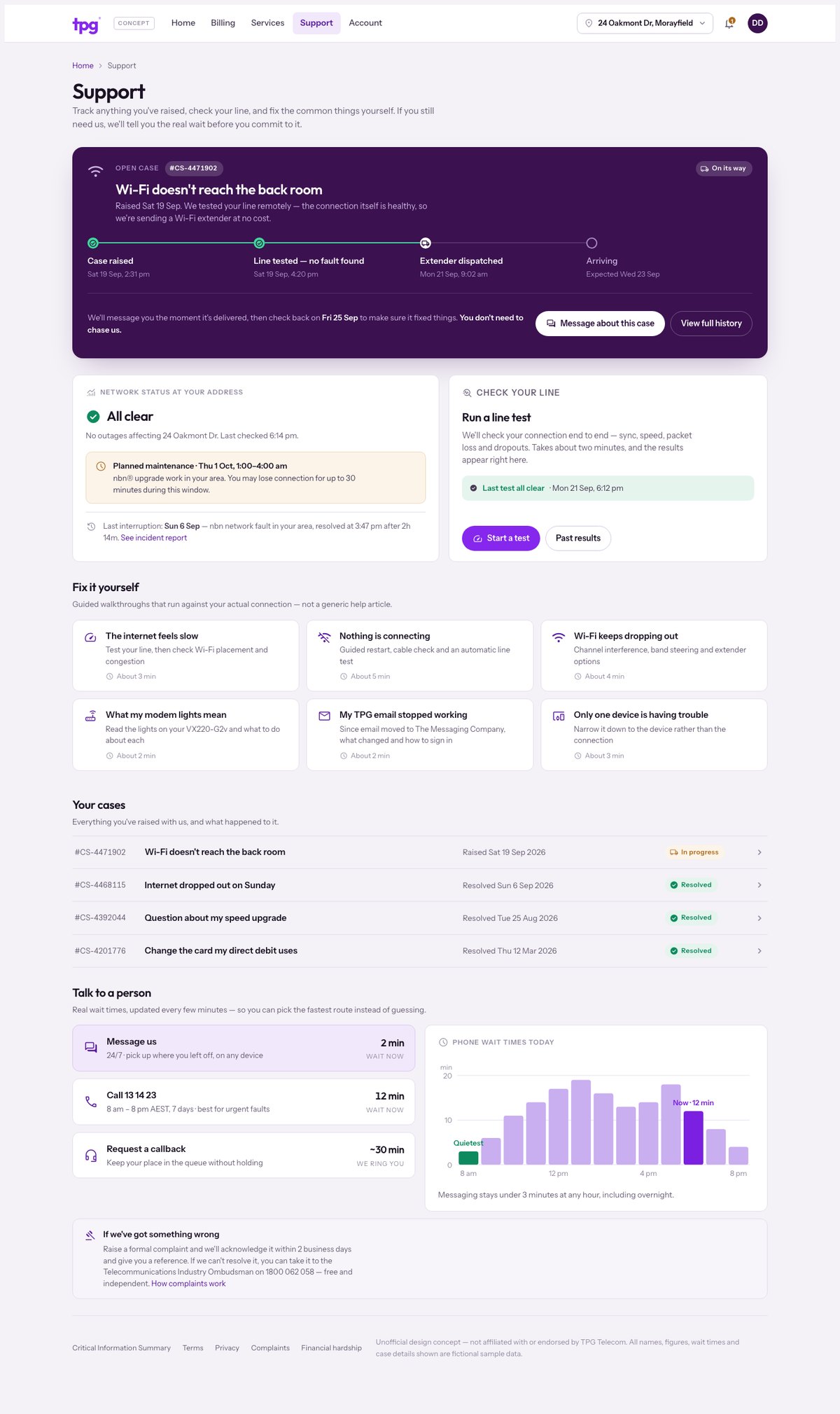 The redesigned support page in full